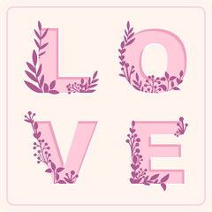 Simple Love card with violet floral. Hand drawn pink illustration