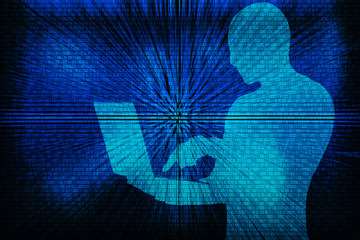 Silhouette of a hacker on a background with binary code