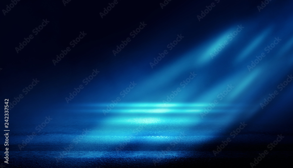 Poster Background of empty dark room with rays of light. Concrete floor with light reflection. Smoke, neon blue light
