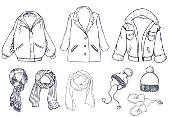 Hand drawn graphic elements set with coat, jacket, scarf and caps. Vector illustration
