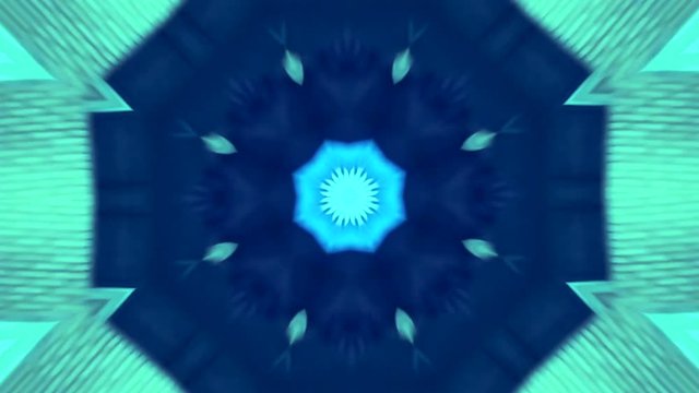 Video de caleidoscopio con formas geom&eacute;tricas que se abren con diferentes movimientos y tonos azules, celestes ,y verdes
