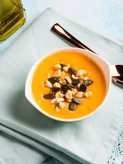 Bean squash creamy soup served with seeds and nuts