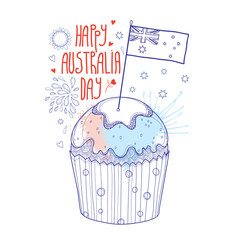 Vector outline cartoon cupcake with Australian flag and lettering in pastel blue and red isolated on white background. National symbol for Happy Australia day in contour style for greeting design.