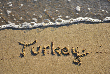 Turkey travel sign on sand beach