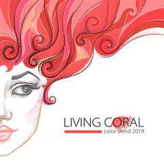 Vector illustration of half dotted beautiful girl face with Living Coral curly hair on the white background. Creative art background in dotwork style in trendy Coral colors of 2019 year. 