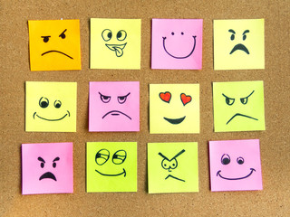 post-it notes with different face expression on cork board office school abstract concept photo	