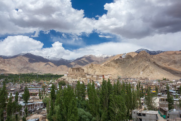 Obraz premium Beautiful view of Leh city and green Indus valley with the Leh palace in the middle, Jammu and Kashmir, India.