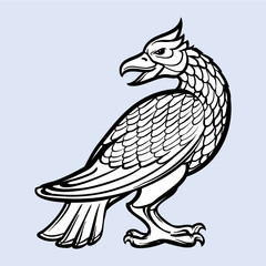 Decorative bird. Medieval gothic style concept art. Design element. Black a nd white drawing isolated on grey background. EPS10 vector illustration