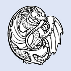 Decorative dragon. Medieval gothic style concept art. Design element. Black a nd white drawing isolated on grey background. EPS10 vector illustration