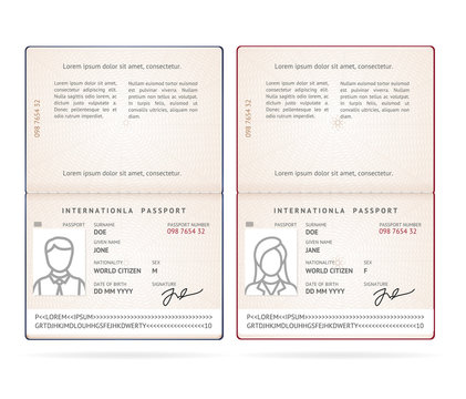 Realistic Detailed 3d Male and Female International Passport Blank Set. Vector