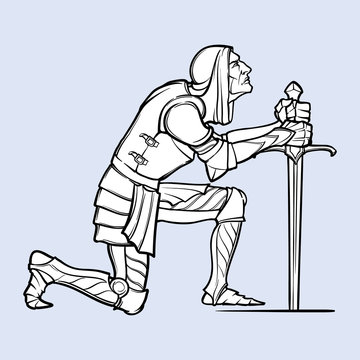 Medieval knight kneeling down and offering his service. Medieval gothic style concept art. Design element. Black a nd white drawing isolated on grey background. EPS10 vector illustration