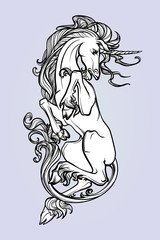 Unicorn laying on his back. Fantasy concept art for tattoo, logo, colouring books for kids and adults. Black and white drawing isolated on a background. EPS10 vector illustration.