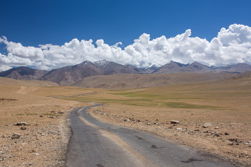 Road to Tso Kar lake situated in the Rupshu Plateau in Ladakh, India