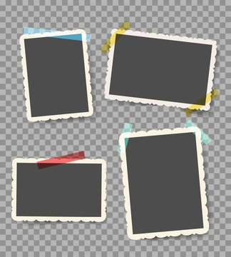 Scrapbook photo pictures. Vintage blank photoframes with stickers isolated on transparent, retro wall photos with sticky pins, vector illustration