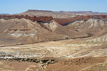 Picturesque Negev desert of southern Israel in summer. Melange of brown, rocky, dusty mountains interrupted by wadis (dry riverbeds), deep craters
