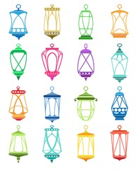 Ramadan lantern vector icons. Old islamic culture arabic lights, ramadan kareem colorful lanterns isolated on white background