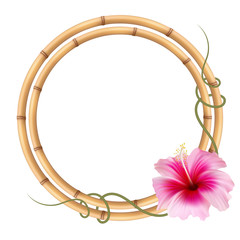 Realistic bamboo frame with pink hibiscus flower.	