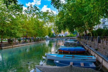 ANNECY, France - September 7 2018: Canal du Vasse near Quai Jules Philippe. Located in the...