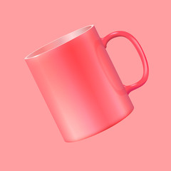 Tea cup hanging in the air. Realistic vector 3d illustration. Living Coral color 2019
