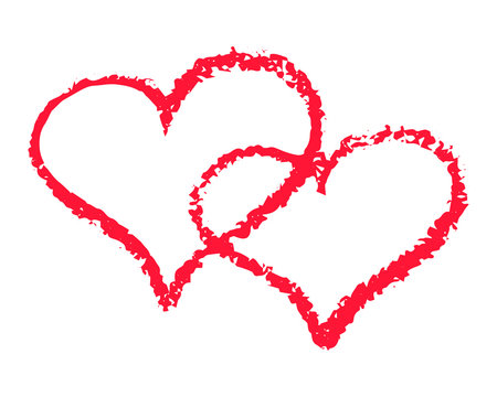 Two red hearts outline vector illustration on white background. St Valentine Day clipart. Chalk texture double heart