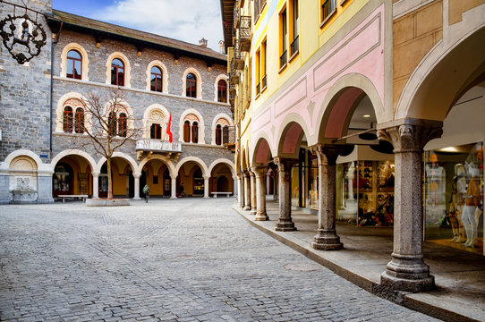 Interior courtyard of the Neo-Romanesque Palazzo Civico, the town hall of the city of Bellinzona, Ticino, Switzerland.