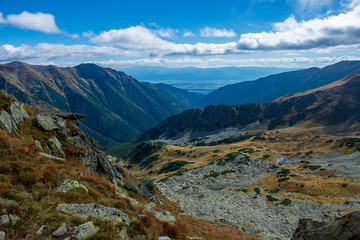 Fototapeta na wymiar rocky Tatra mountain tourist hiking trails under blue sky in Slovakia