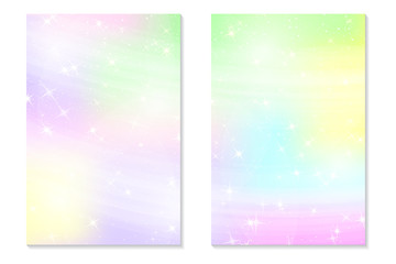 Unicorn rainbow background. Holographic sky in pastel color. Bright hologram mermaid pattern in princess colors. Vector illustration. Unicorn Fantasy gradient colorful backdrop with rainbow mesh.