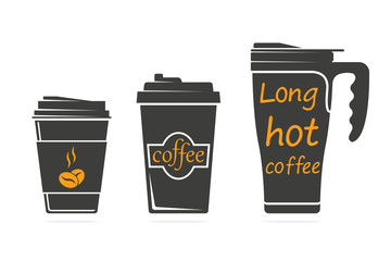 Monochrome vector illustration of a set disposable coffee cup icon.