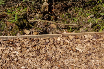 tourist trail covered with chipped dry wood