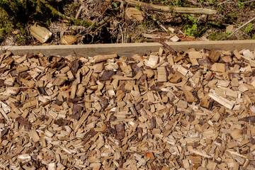 tourist trail covered with chipped dry wood