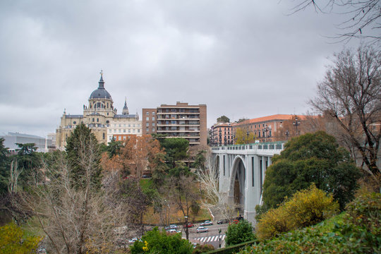 Residential area of Madrid, view at Almudena Cathedral. Spain in winter.