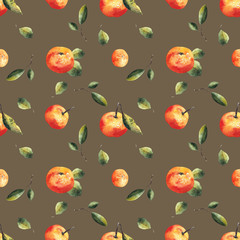 Watercolor seamless pattern with mandarins and leaves