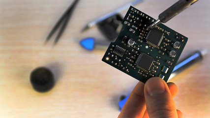 Workshop on repair of household appliances, electronics and processors. soldering Board soldering...