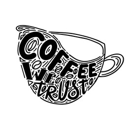 It's coffee o'clock. Decorative letter. Hand drawn lettering. Quote. Vector hand-painted illustration. Decorative inscription. Morning coffee. Coffee break. Vintage illustration.