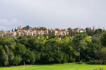 Residential buildings at the edge of a park on a stormy day, south San Francisco bay area, California
