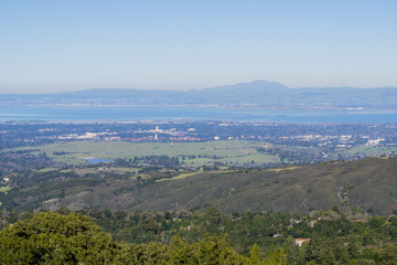 Fototapeta na wymiar View from Skyline Highway towards Palo Alto and Menlo Park, Silicon Valley, San Francisco Bay Area, California