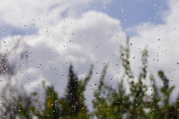 Drops of rain on the window; blurred trees and clouds in the background; sunshine after the rain, shallow depth of field