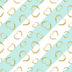 Gold heart seamless pattern. White-blue geometric stripes, golden grunge confetti-hearts. Symbol of love, Valentine day holiday. Design wallpaper, background, fabric texture. Vector illustration