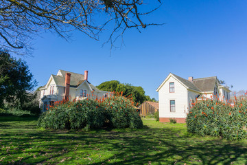 Historical ranch buildings and aloe flowers, Wilder Ranch State Park, California