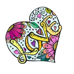 Doodle heart with flowers and love inscription