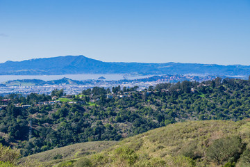 Fototapeta premium View towards Richmond from Wildcat Canyon Regional Park, East San Francisco bay, Contra Costa county, Marin County in the background, California