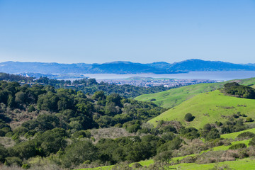 Fototapeta na wymiar View towards San Pablo bay from Wildcat Canyon Regional Park, East San Francisco bay, Contra Costa county; Marin County in the background, California