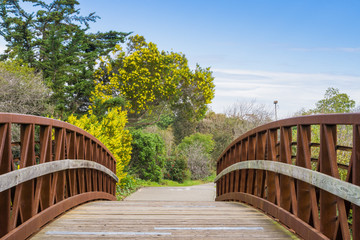 Fototapeta na wymiar Bridge in Shoreline Park, Mountain View, Silicon Valley, south San Francisco bay, California