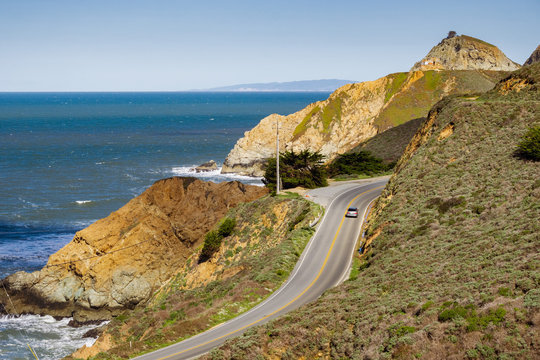 Aerial view of scenic highway on the Pacific Ocean coast, Devil's Slide, California