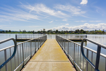 Observation deck, Cunningham Lake on a sunny day, San Jose, south San Francisco bay area, California