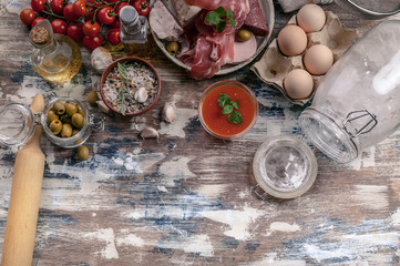 Ingredients for cooking traditional Italian pizza. Top view