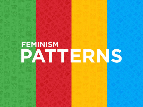 Four Different Feminism Seamless Patterns With Thin Line Icons: Women's Rights, Girl Power, Gender Equality, Sex Dicrimination, Me Too, Protest, Girls Are Strong. Modern Vector Illustration.