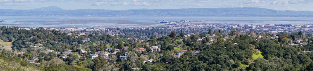 Fototapeta na wymiar Panoramic view of Redwood City and San Carlos, Silicon Valley, San Francisco bay, California