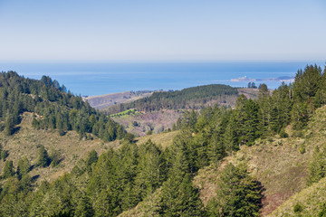 Fototapeta na wymiar View towards the Pacific Ocean and Pillar Point Harbor from Purisima Creek Redwoods Park on a clear day, California