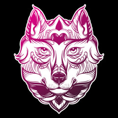 Vector hand drawn  illustration of wolf with decorative elements. Artwork in boho style. Hand sketched portrairt of animal. Template for card poster banner print for t-shirt.